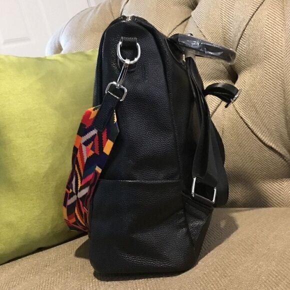 BACKPACK BLACK PEBBLE LEATHER TWO COLOR GUITAR STRAP SCHOOL WORK OFFICE … main image 8